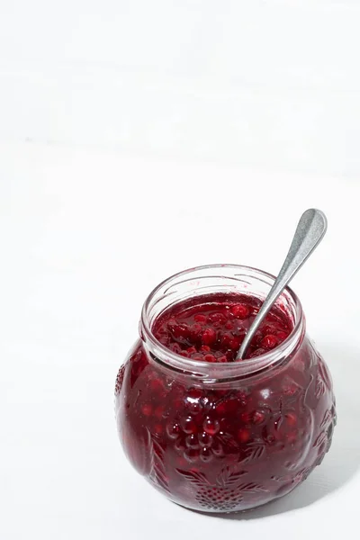Jar Sweet Cowberry Jam White Background Vertical Top View — Stock Photo, Image