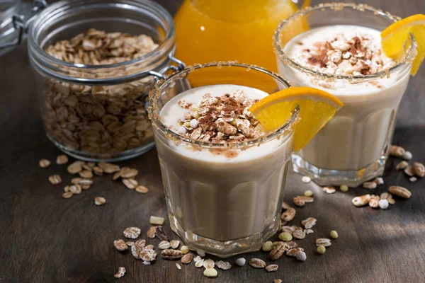 Frullato Con Farina Avena Arancia Vista Dall Alto — Foto Stock