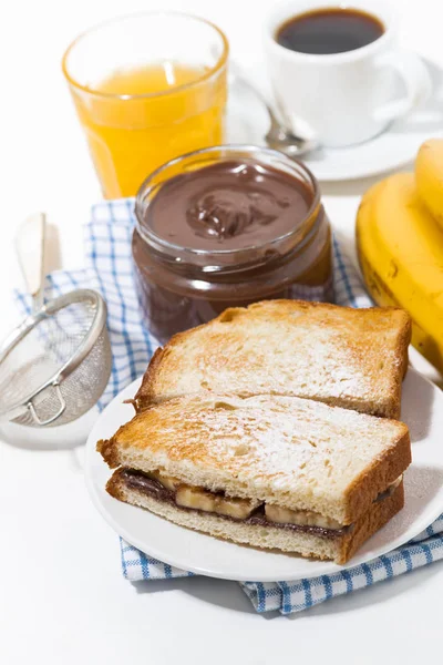 Sladký Sendvič Čokoládová Pasta Banán Snídani Vertikální Pohled Shora — Stock fotografie