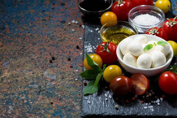 Mozzarella peyniri, taze sebze ve baharat ve metin, yatay, closeup için koyu renk arka plan