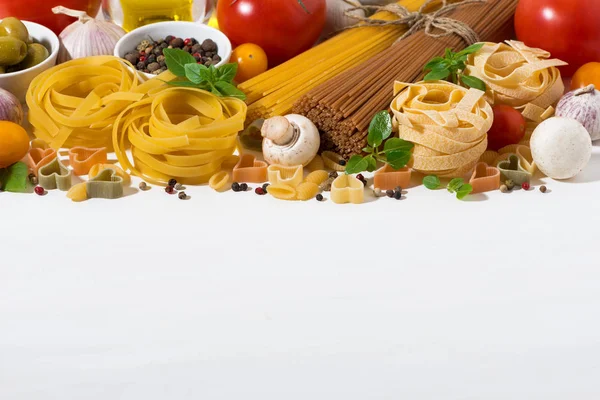 Assortment Pasta Ingredients White Background Horizontal — Stock Photo, Image