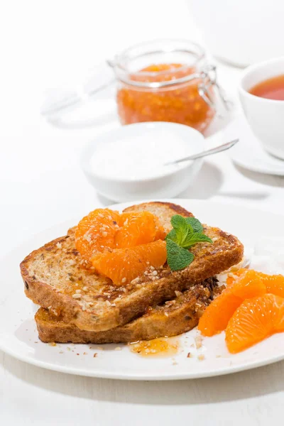 Sweet French Toast Jam Tangerines Breakfast Vertical Top View — Stock Photo, Image
