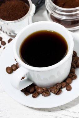 üstten görünüm dikey beyaz bir masada taze demlendi siyah kahve