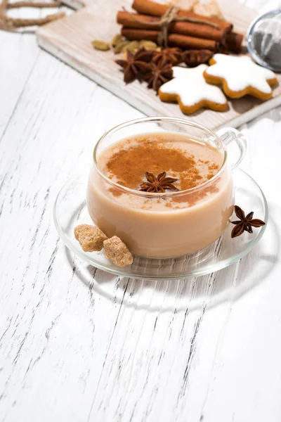 Cup Hot Spicy Masala Tea Christmas Cookies White Background Vertical — Stock Photo, Image