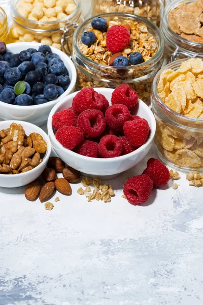 Assortment Healthy Breakfast Products White Background Top View — Stock Photo, Image