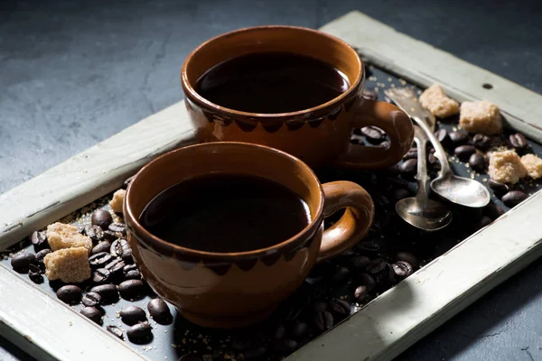 Two Cups Black Coffee Sugar Blackboard Horizontal Closeup — Stock Photo, Image