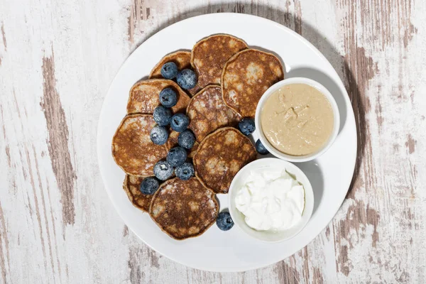 Pancakes Peanut Butter Yoghurt White Background Top View Horizontal — Stock Photo, Image