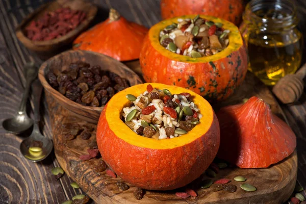 Rice Dried Fruit Pumpkin Wooden Table Top View Horizontal — Stock Photo, Image