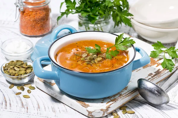 Healthy Lunch Spicy Pumpkin Soup Saucepan Horizontal — Stock Photo, Image