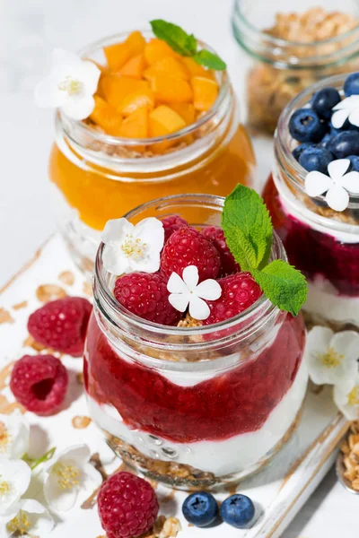 Desserts Muesli Berry Fruit Puree Jars White Table Closeup — Stock Photo, Image