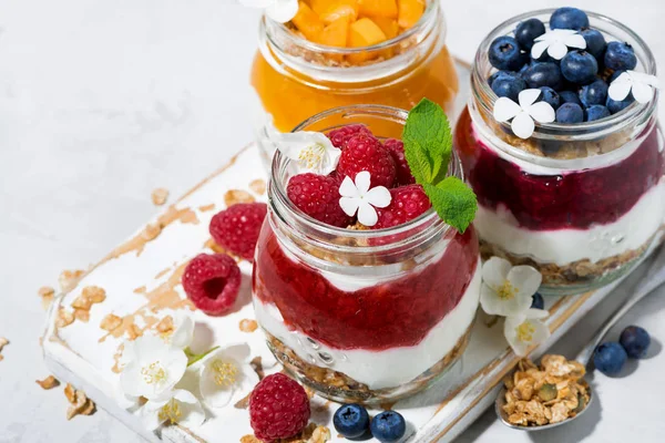 Postres Con Muesli Puré Bayas Frutas Frascos Sobre Mesa Blanca —  Fotos de Stock