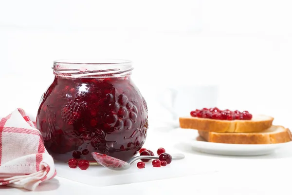 Glass Jar Cranberry Jam White Table Toasts Horizontal — Stock Photo, Image