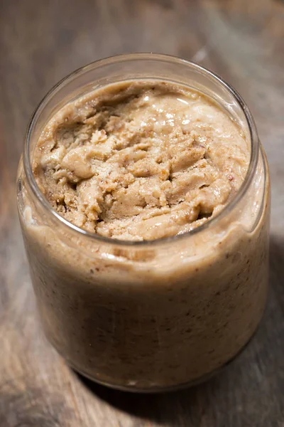 Homemade Peanut Butter Jar Vertical Top View — Stock Photo, Image