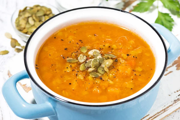 Almuerzo Saludable Sopa Calabaza Picante Una Cacerola Vista Superior Cerca — Foto de Stock