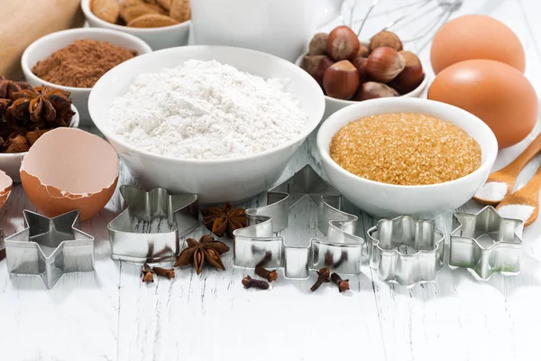 ingredients for baking and spices on white background, horizontal