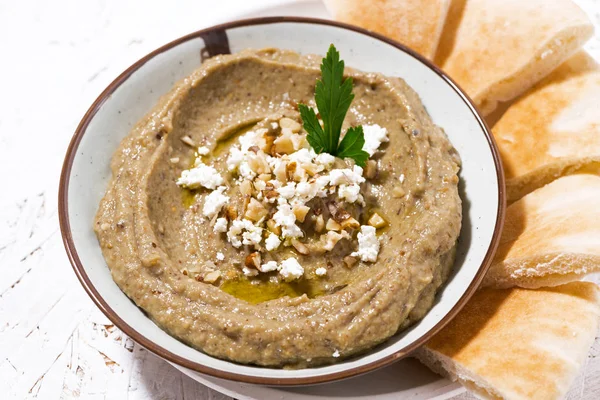 Mediterranean Appetizer Hummus Pita Bread Closeup — Stock Photo, Image