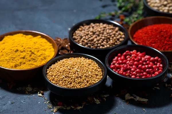 Pimentón Cúrcuma Pimiento Rojo Otras Especias Fragantes Sobre Fondo Oscuro — Foto de Stock