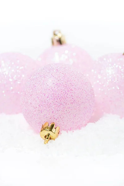 Pink Christmas Balls Snow White Background Closeup — Stock Photo, Image