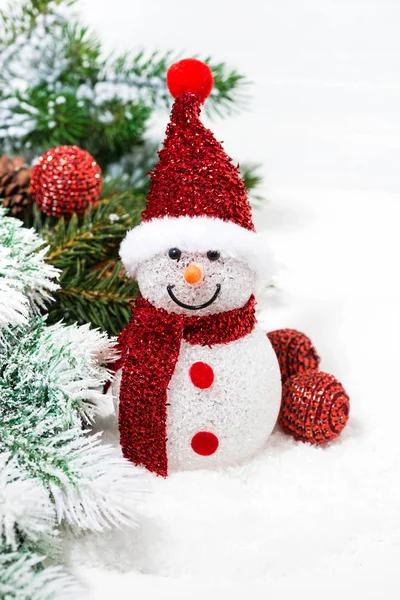 Christmas Snowman Fir Branches White Background Vertical Closeup — Stock Photo, Image