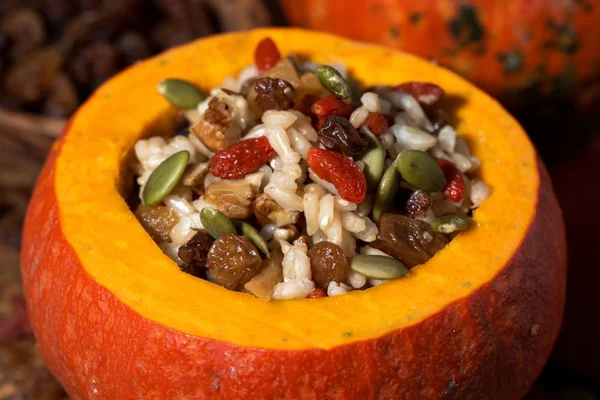 Sweet Rice Dried Fruit Pumpkin Closeup Horizontal — Stock Photo, Image