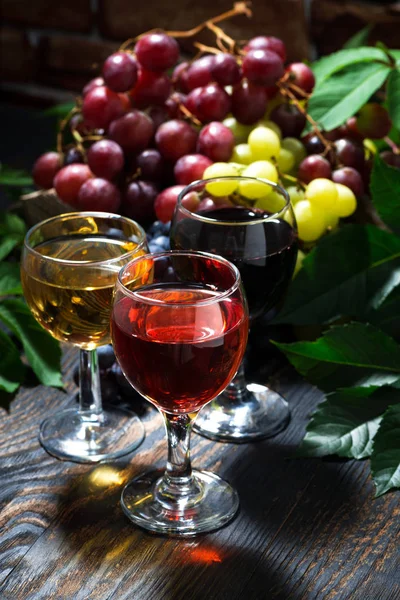 Ürün Yelpazesine Farklı Şarap Koyu Ahşap Arka Plan Üzerinde Dikey — Stok fotoğraf