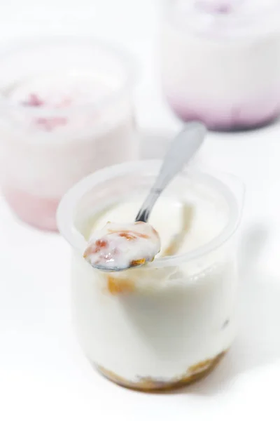 Yogurt Barattolo Con Purea Frutta Vista Dall Alto — Foto Stock