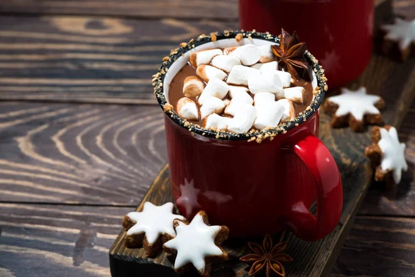 Bebida Inverno Aconchegante Chocolate Quente Com Marshmallows Vista Superior — Fotografia de Stock