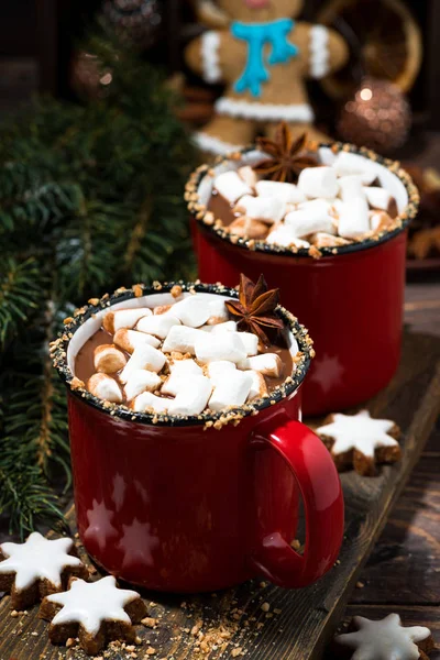 Boisson Hiver Confortable Chocolat Chaud Sur Fond Bois Gros Plan — Photo