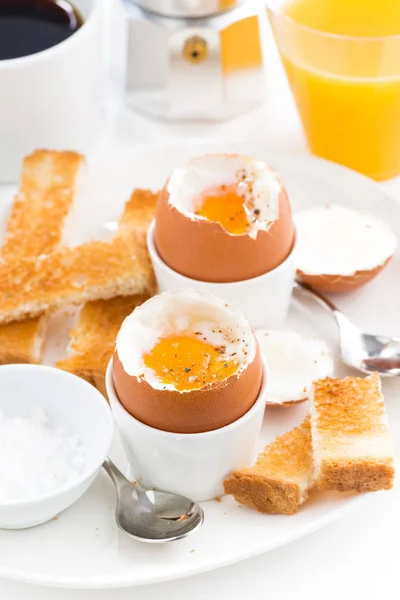 Soft Boiled Eggs Crispy Toast Coffee Breakfast Vertical Closeup — Stock Photo, Image