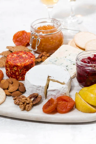 Assortment Snacks Cheeses Nuts Fruits Vertical Closeup — Stock Photo, Image