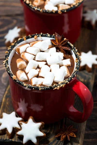 Vinterdrikken Koser Seg Varm Sjokolade Med Marshmallows – stockfoto