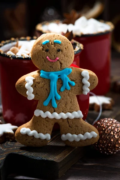 Gingerbread Man Cookies Hot Chocolate Closeup — Stock Photo, Image