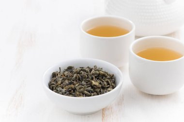 bardak ve bir beyaz ahşap zemin, yakın çekim, yatay yeşil çay çaydanlık