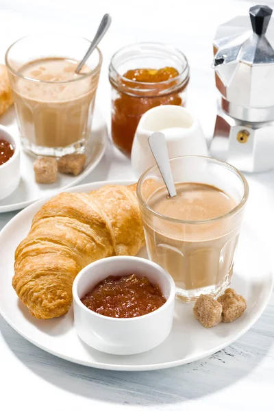 Coffee Milk Croissants Jam Breakfast Vertical — Stock Photo, Image