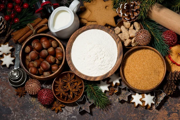 Ingredienser För Julen Bakning Mörk Bakgrund Ovanifrån — Stockfoto