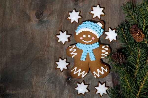Homemade Gingerbread Man Stars Cookies Gray Wooden Background Top View — Stock Photo, Image