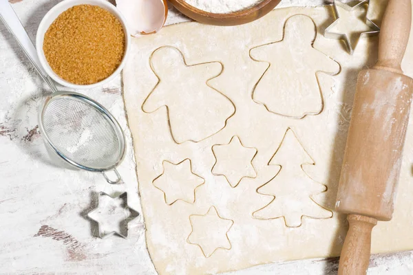 Zutaten Und Teig Zum Backen Von Weihnachtsplätzchen Nahaufnahme — Stockfoto