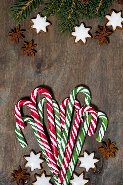 Assortment Christmas Sugar Candies Cookies Stars Grey Background Closeup — Stock Photo, Image