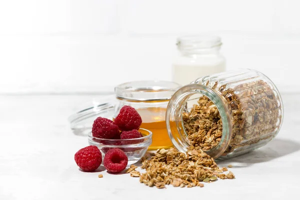 Sweet Granola Jar Fresh Raspberries Honey White Table Horizontal — Stock Photo, Image