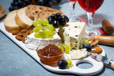 peynir tabağı, ciabatta, taze üzüm ve kırmızı şarap, portre