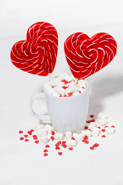 Candy Stick Form Heart Cup Marshmallows Closeup — Stock Photo, Image