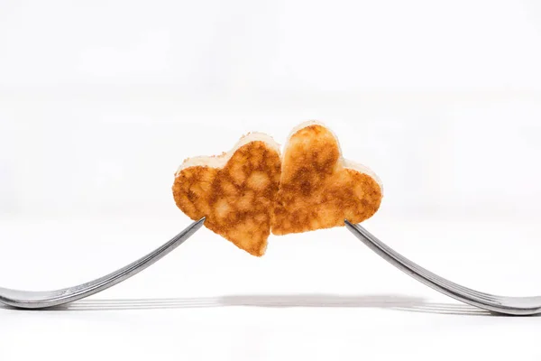 Zwei Herzförmige Pfannkuchen Auf Den Gabeln Waagerecht — Stockfoto