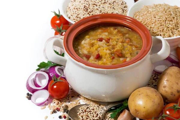Gesundes Mittagessen Suppe Mit Bohnen Und Gemüse Auf Weißem Hintergrund — Stockfoto