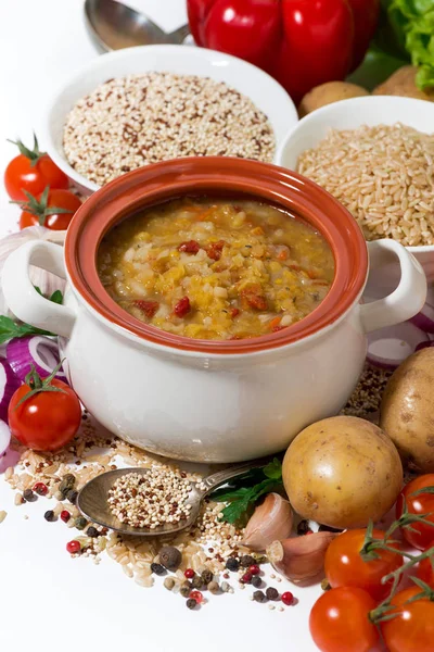 Gesundes Mittagessen Suppe Mit Bohnen Und Gemüse Nahaufnahme — Stockfoto