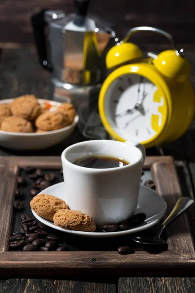 sweet breakfast with black coffee, vertical, closeup