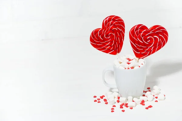 Candy Stick Form Hearts Cup White Background Top View Horizontal — Stock Photo, Image