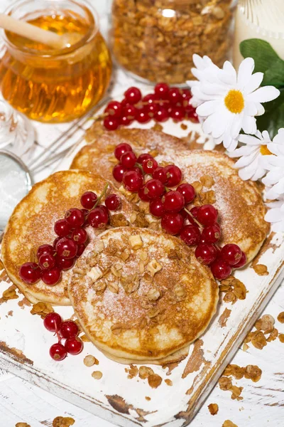 Delicious Pancakes Berries Honey White Wooden Board Vertical Closeup — Stock Photo, Image