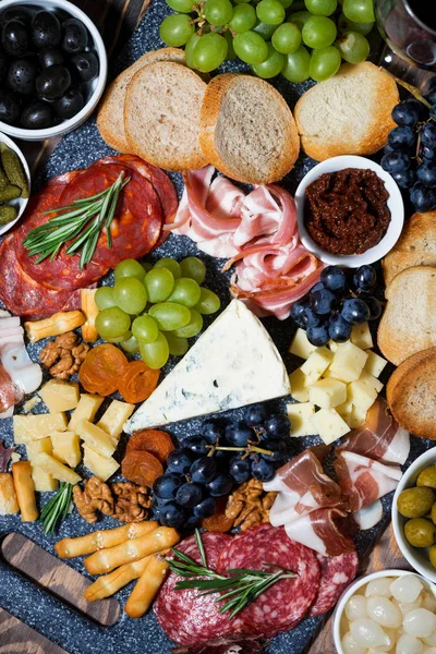 Assorted Gourmet Cheeses Meats Top View — Stock Photo, Image
