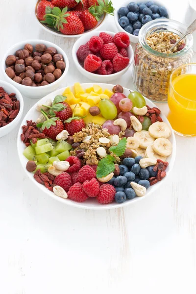 Products Healthy Breakfast Berries Fruit Cereal Plate White Wooden Background — Stock Photo, Image