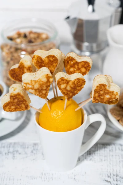 Conceptual Mini Pancakes Form Hearts Breakfast Top View — Stock Photo, Image
